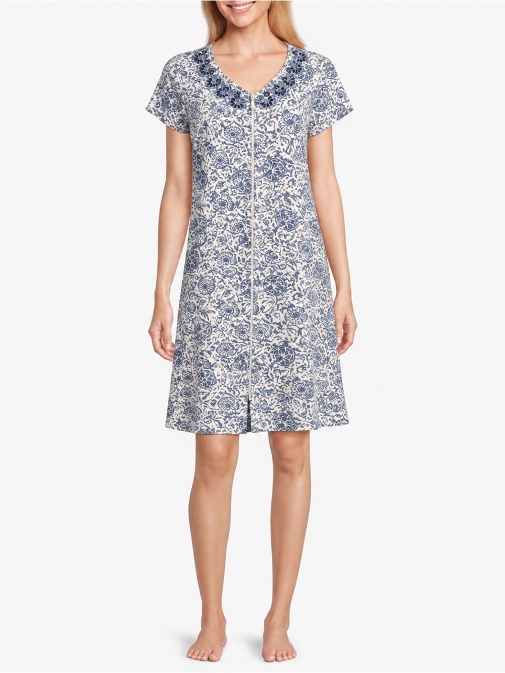 Go Softly Zip-Front Nightgown with Embroidered V-Neck